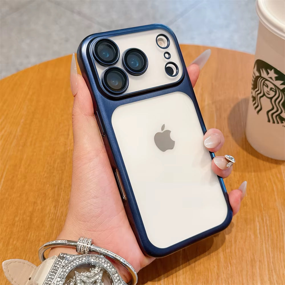 Luxury Frosted Transparent Matte Phone Case for Iphone 17 Pro Max Full Lens Protection Metallic Color Frame Armor Back Cover