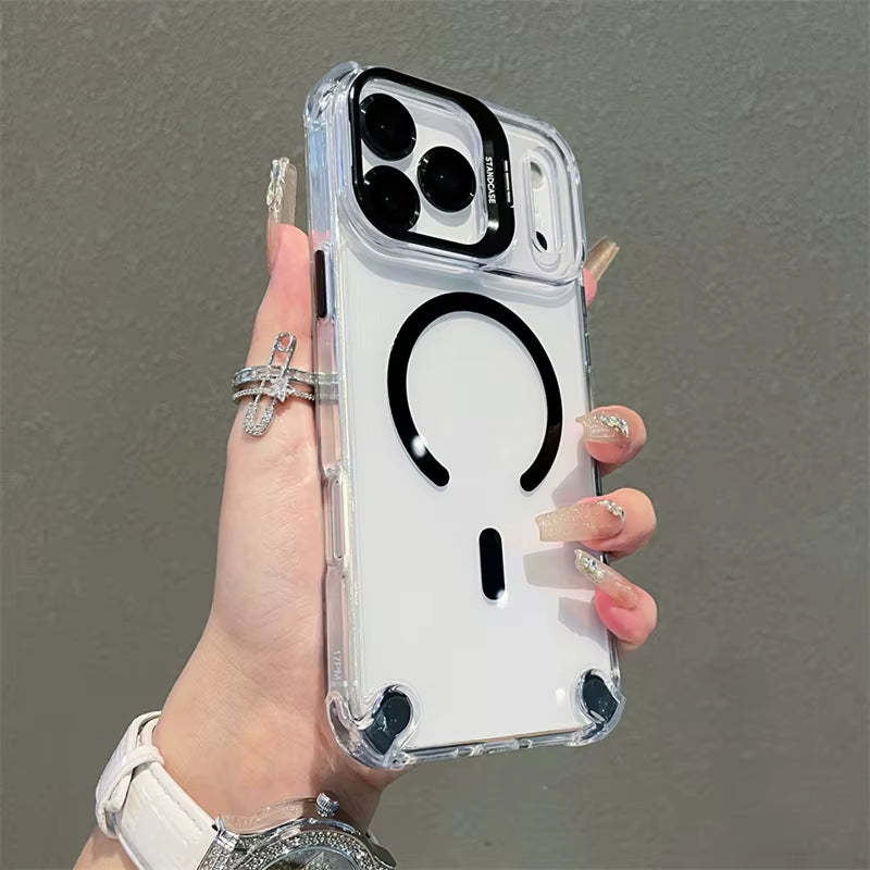 Luxury Magnetic Shockproof Phone Cases for Iphone 17 16 15 14 13 12 Pro Max 11 for Magsafe with Glass Lens Protector Stand Cover