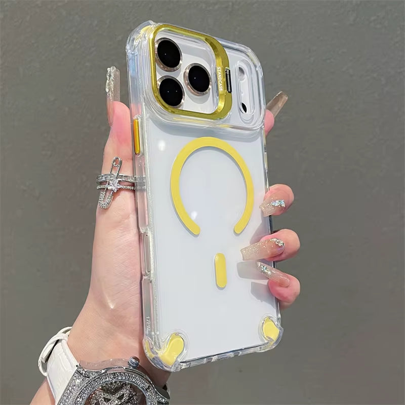Luxury Magnetic Shockproof Phone Cases for Iphone 17 16 15 14 13 12 Pro Max 11 for Magsafe with Glass Lens Protector Stand Cover