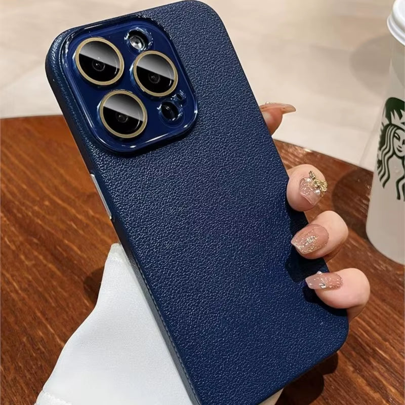 Luxury Leather Texture Silicone Case for Iphone 17 Air 16 15 14 plus 13 12 Pro Max Glass Camera Lens Protection Shockproof Cover