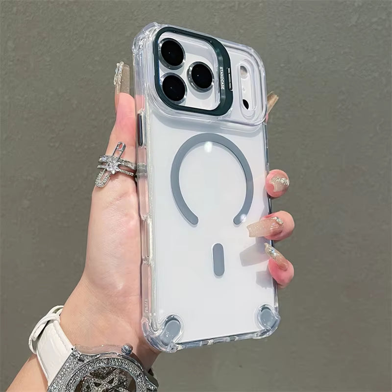 Luxury Magnetic Shockproof Phone Cases for Iphone 17 16 15 14 13 12 Pro Max 11 for Magsafe with Glass Lens Protector Stand Cover