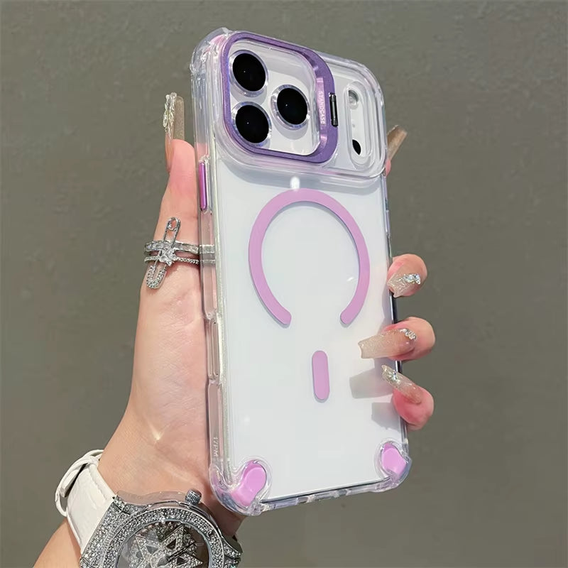 Luxury Magnetic Shockproof Phone Cases for Iphone 17 16 15 14 13 12 Pro Max 11 for Magsafe with Glass Lens Protector Stand Cover
