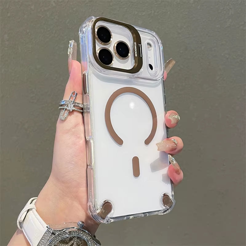 Luxury Magnetic Shockproof Phone Cases for Iphone 17 16 15 14 13 12 Pro Max 11 for Magsafe with Glass Lens Protector Stand Cover