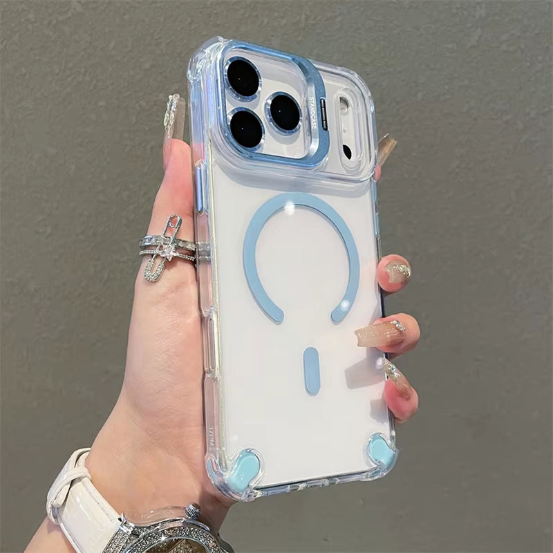 Luxury Magnetic Shockproof Phone Cases for Iphone 17 16 15 14 13 12 Pro Max 11 for Magsafe with Glass Lens Protector Stand Cover
