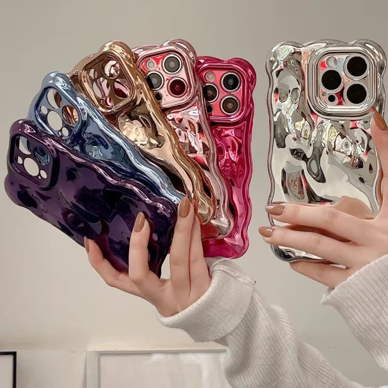 Luxury Plating Wrinkle Wavy Curly Edge Phone Case for Iphone 17 16 15 12 13 14 Pro Max 3D Unevenness Camera Protection Cover