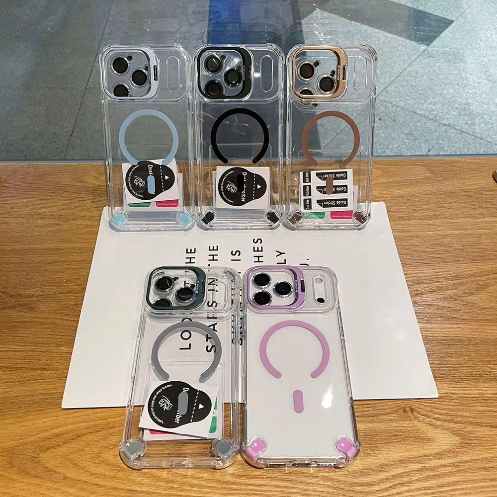 Luxury Magnetic Shockproof Phone Cases for Iphone 17 16 15 14 13 12 Pro Max 11 for Magsafe with Glass Lens Protector Stand Cover