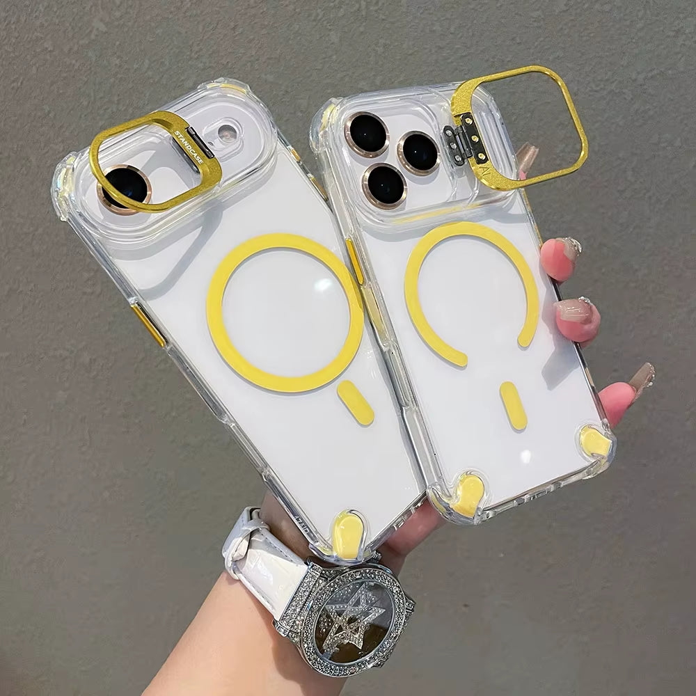 Luxury Magnetic Shockproof Phone Cases for Iphone 17 16 15 14 13 12 Pro Max 11 for Magsafe with Glass Lens Protector Stand Cover
