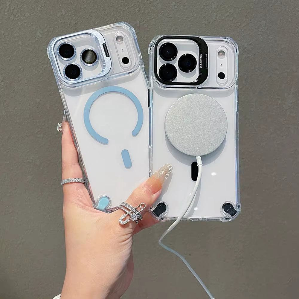 Luxury Magnetic Shockproof Phone Cases for Iphone 17 16 15 14 13 12 Pro Max 11 for Magsafe with Glass Lens Protector Stand Cover