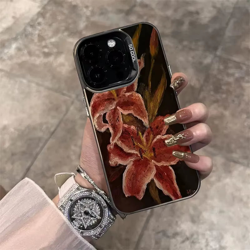 Oil Painting Lily Flower Retro Pattern Phone Case for Iphone 16 15 14 17 Air Pro Max 16E 13 12 11 7 8 SE 2022 Shockproof Cover