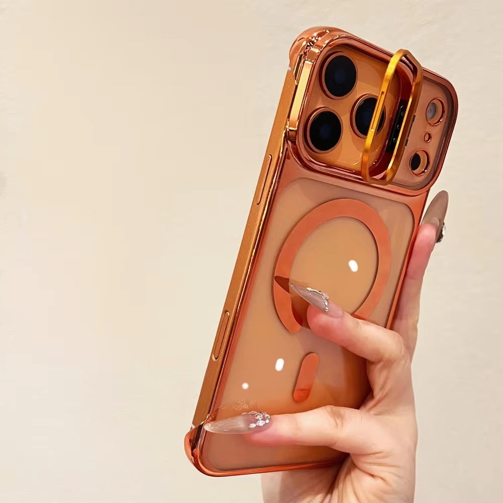 Clear Borderless Case for iPhone 17 Pro Max Air Mag safe Hold Lens Bracket Case for iPhone 14 15 16 Pro Max PC Plating Cover