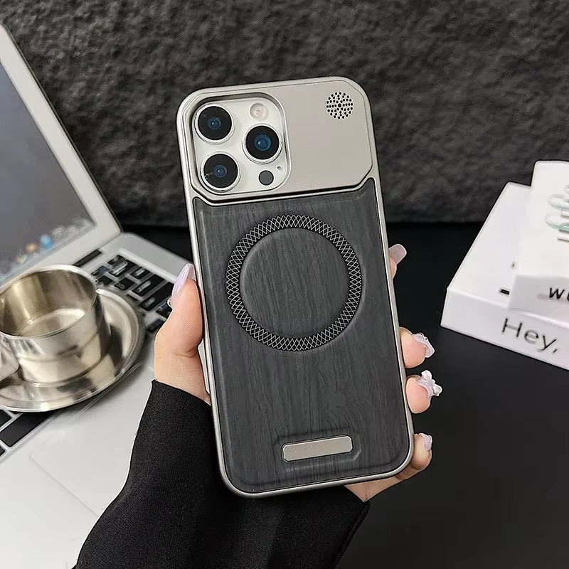 Frameless Metal Magnetic Cover for Iphone 17 Pro Max 16 15 14 plus 13 12 Magsafe Case Wood Grain Leather Thin Hard Shell Bumper