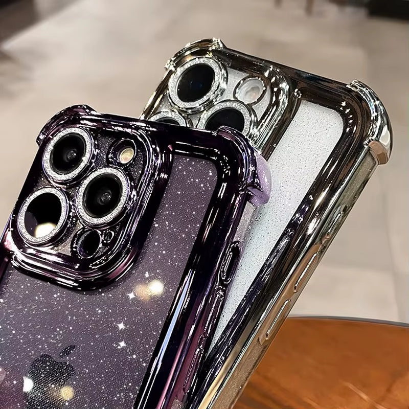 Luxury Glitter Transparent Silicone Case for Iphone 13 12 11 14 15 16 17 Pro Max Air 16 plus Plating Airbag Shockproof TPU Cover