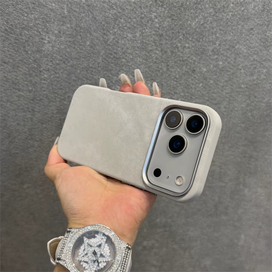 Luxury Alloy Len Frame Fiber Leather Magnetic Case for Iphone 17 16 Pro Max 15 for Magsafe Retro Shockproof Cover Funda