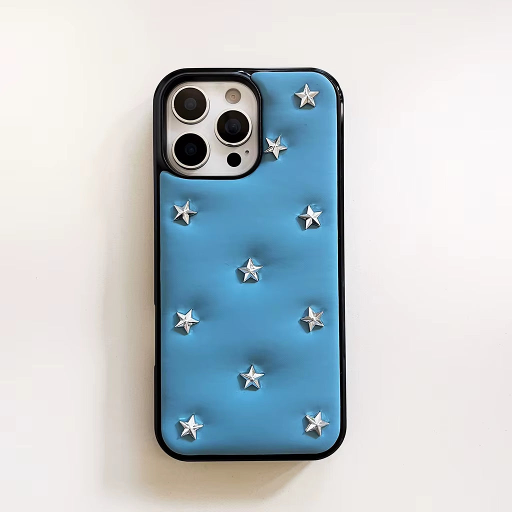 Simple Leather Full Screen Stereoscopic Silver Stars Shockproof Protective Phone Cover Case for Iphone 17