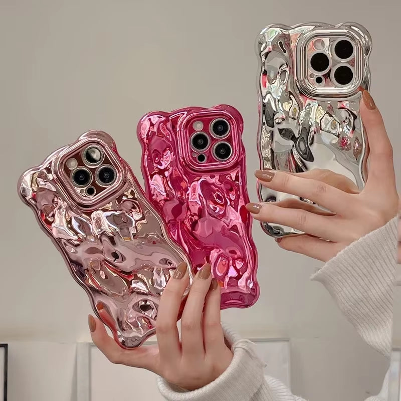 Luxury Plating Wrinkle Wavy Curly Edge Phone Case for Iphone 17 16 15 12 13 14 Pro Max 3D Unevenness Camera Protection Cover
