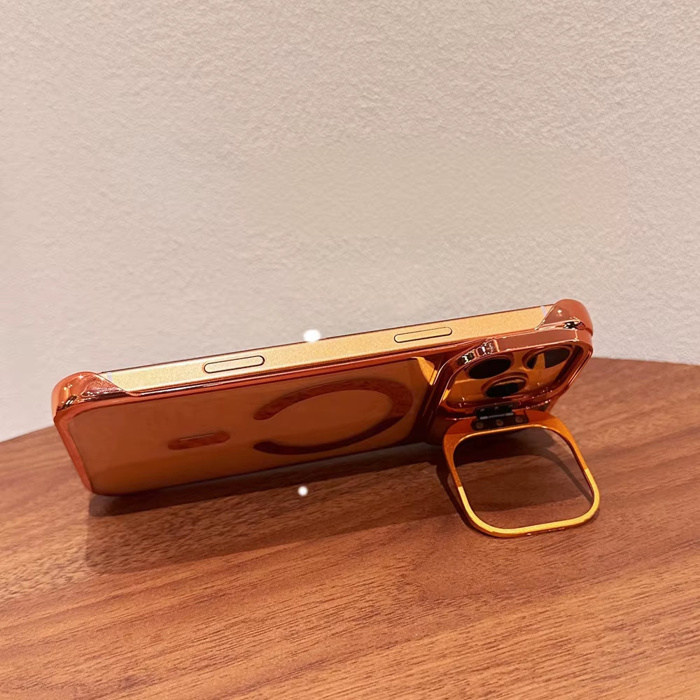 Clear Borderless Case for iPhone 17 Pro Max Air Mag safe Hold Lens Bracket Case for iPhone 14 15 16 Pro Max PC Plating Cover