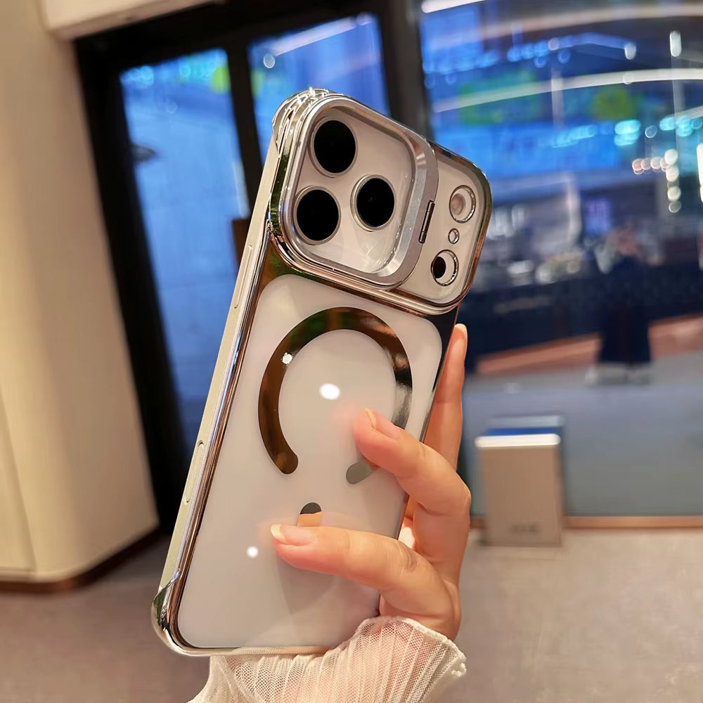 Clear Borderless Case for iPhone 17 Pro Max Air Mag safe Hold Lens Bracket Case for iPhone 14 15 16 Pro Max PC Plating Cover