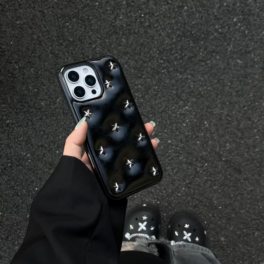 Simple Leather Full Screen Stereoscopic Silver Stars Shockproof Protective Phone Cover Case for Iphone 17