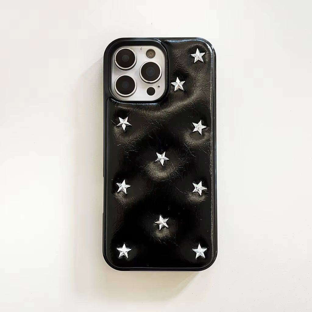 Simple Leather Full Screen Stereoscopic Silver Stars Shockproof Protective Phone Cover Case for Iphone 17