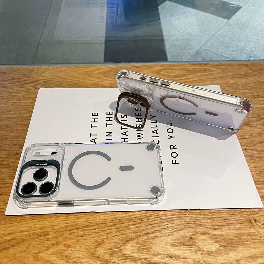 Luxury Magnetic Shockproof Phone Cases for Iphone 17 16 15 14 13 12 Pro Max 11 for Magsafe with Glass Lens Protector Stand Cover