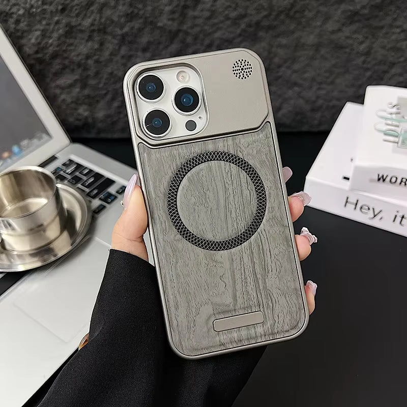 Frameless Metal Magnetic Cover for Iphone 17 Pro Max 16 15 14 plus 13 12 Magsafe Case Wood Grain Leather Thin Hard Shell Bumper