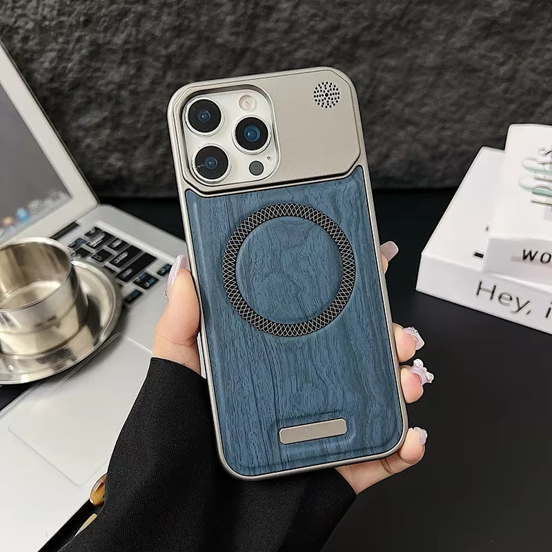 Frameless Metal Magnetic Cover for Iphone 17 Pro Max 16 15 14 plus 13 12 Magsafe Case Wood Grain Leather Thin Hard Shell Bumper