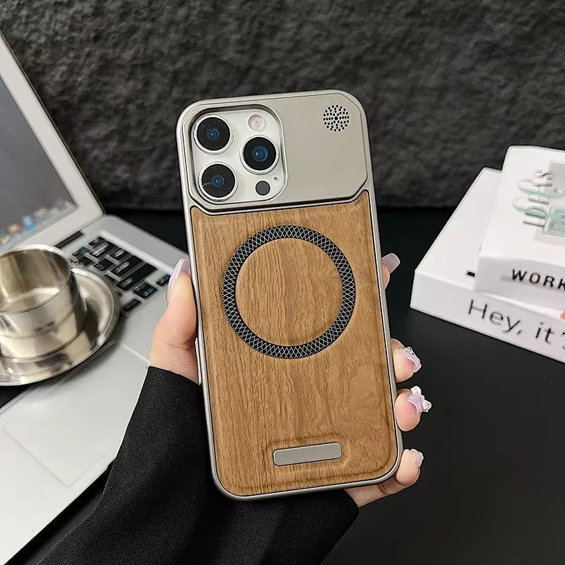 Frameless Metal Magnetic Cover for Iphone 17 Pro Max 16 15 14 plus 13 12 Magsafe Case Wood Grain Leather Thin Hard Shell Bumper