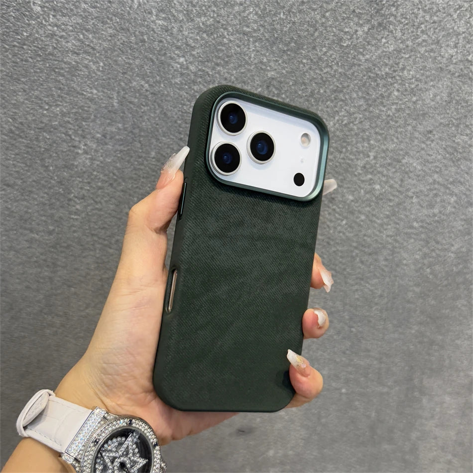 Luxury Alloy Len Frame Fiber Leather Magnetic Case for Iphone 17 16 Pro Max 15 for Magsafe Retro Shockproof Cover Funda