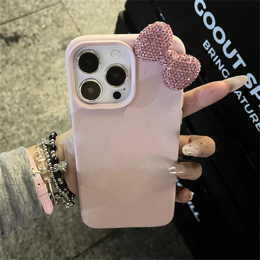 Luxury Rhinestone Bow Litchi Pattern Leather Shockproof Phone Case for Iphone 16 15 14 13 12 11 17 Pro Max X XS 7 plus Soft Case