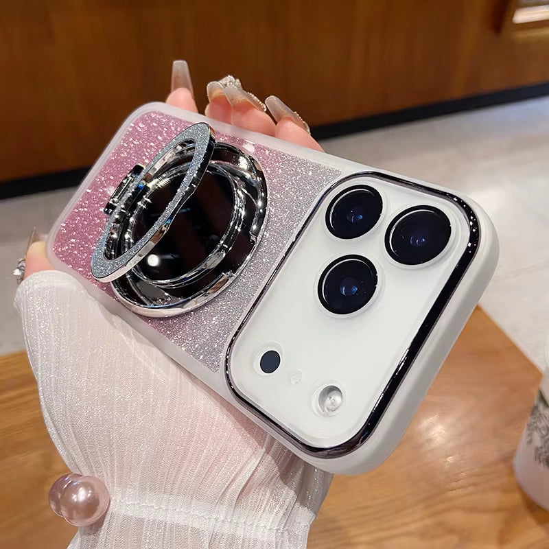 Fashion Glitter Magnetic Phone Case for Iphone 17 Pro Max Air 16 15 Mirror Bracket Dustproof Camera Lens Protect Cover