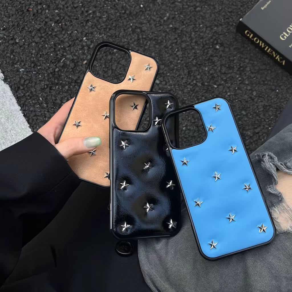 Simple Leather Full Screen Stereoscopic Silver Stars Shockproof Protective Phone Cover Case for Iphone 17