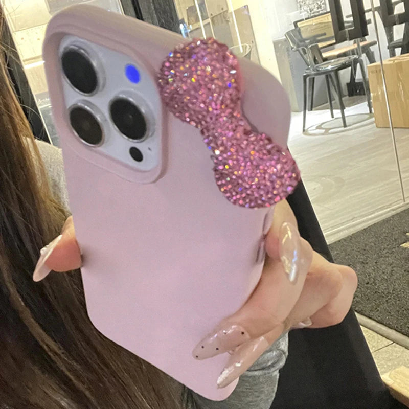 Luxury Rhinestone Bow Litchi Pattern Leather Shockproof Phone Case for Iphone 16 15 14 13 12 11 17 Pro Max X XS 7 plus Soft Case