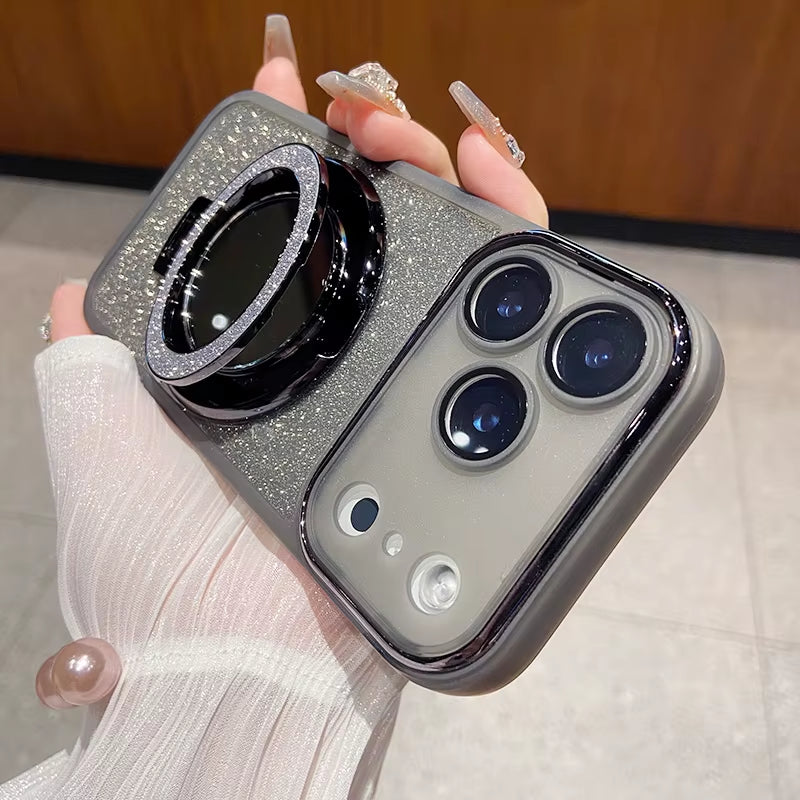 Fashion Glitter Magnetic Phone Case for Iphone 17 Pro Max Air 16 15 Mirror Bracket Dustproof Camera Lens Protect Cover