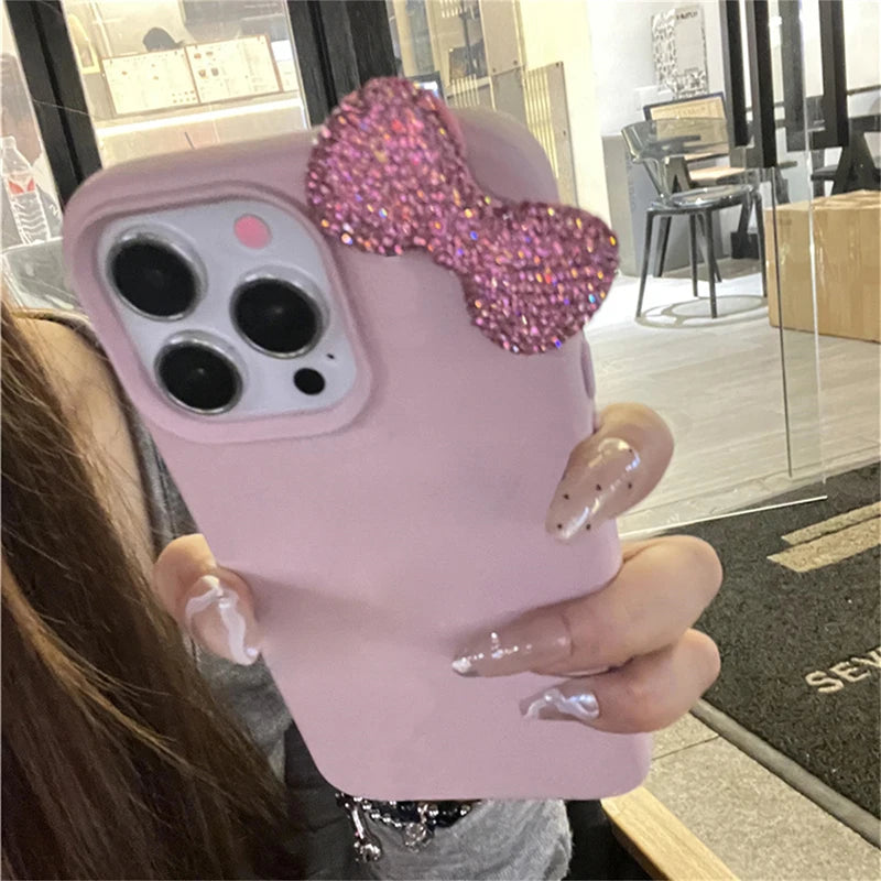 Luxury Rhinestone Bow Litchi Pattern Leather Shockproof Phone Case for Iphone 16 15 14 13 12 11 17 Pro Max X XS 7 plus Soft Case