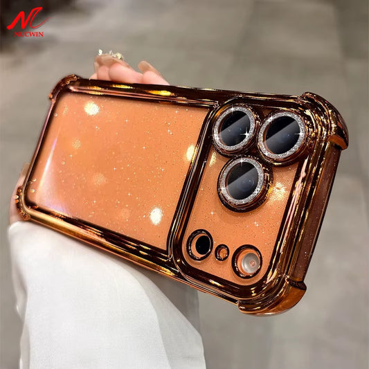Luxury Glitter Transparent Silicone Case for Iphone 13 12 11 14 15 16 17 Pro Max Air 16 plus Plating Airbag Shockproof TPU Cover