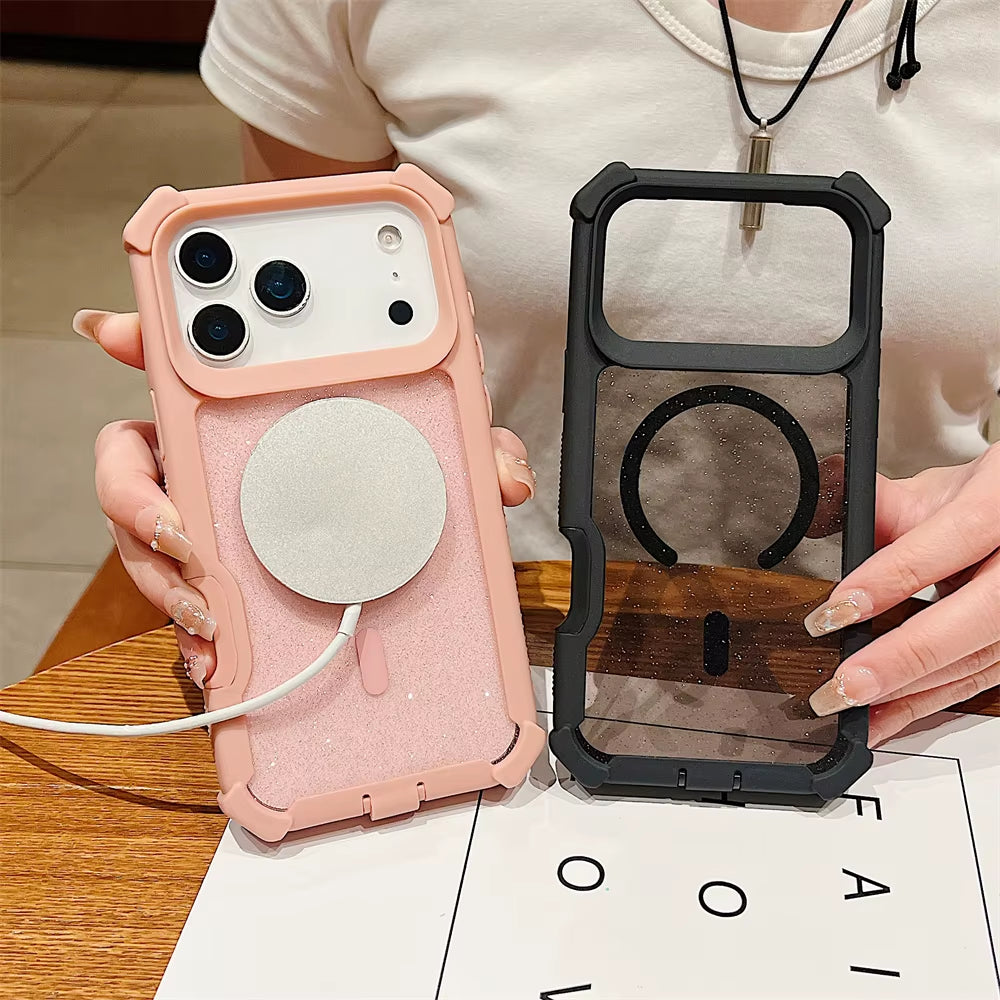 Shockproof Glitter Clear Magnetic Armor Case for Iphone 17 Air 16 15 14 plus 13 11 12 Pro Max for Magsafe Transparent Back Cover