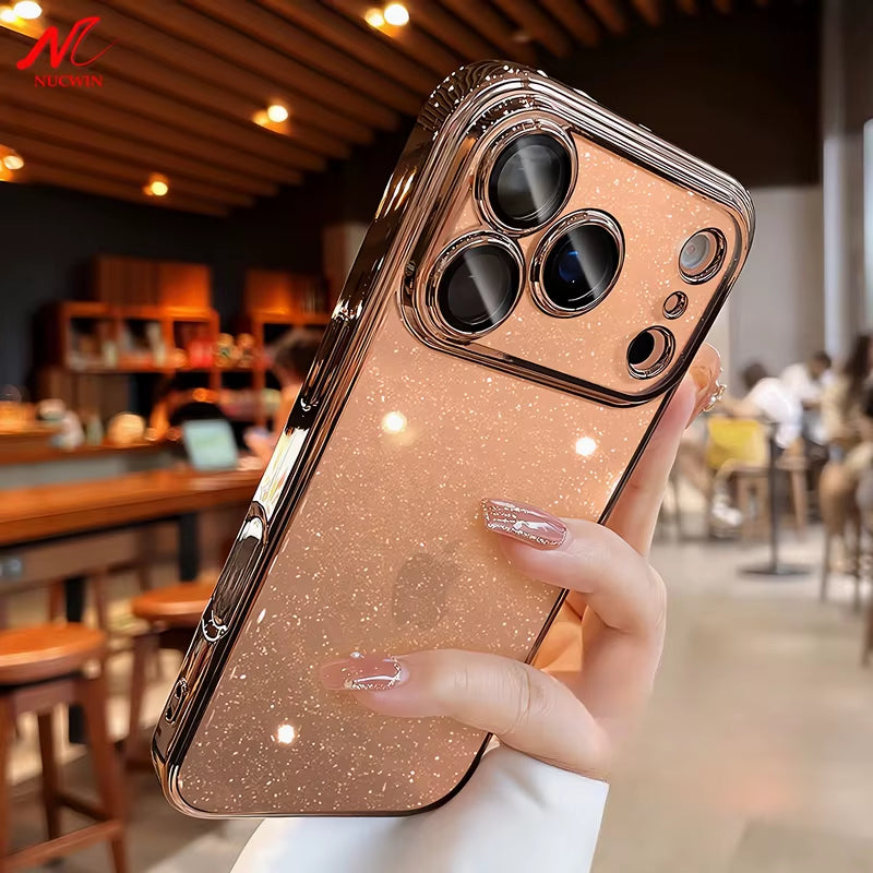 Ultra Thin Slim Transparent Glitter PC Case for Iphone 17 16 15 14 13 12 11 Pro Max plus 17 Air Clear Camera Protector New Cover