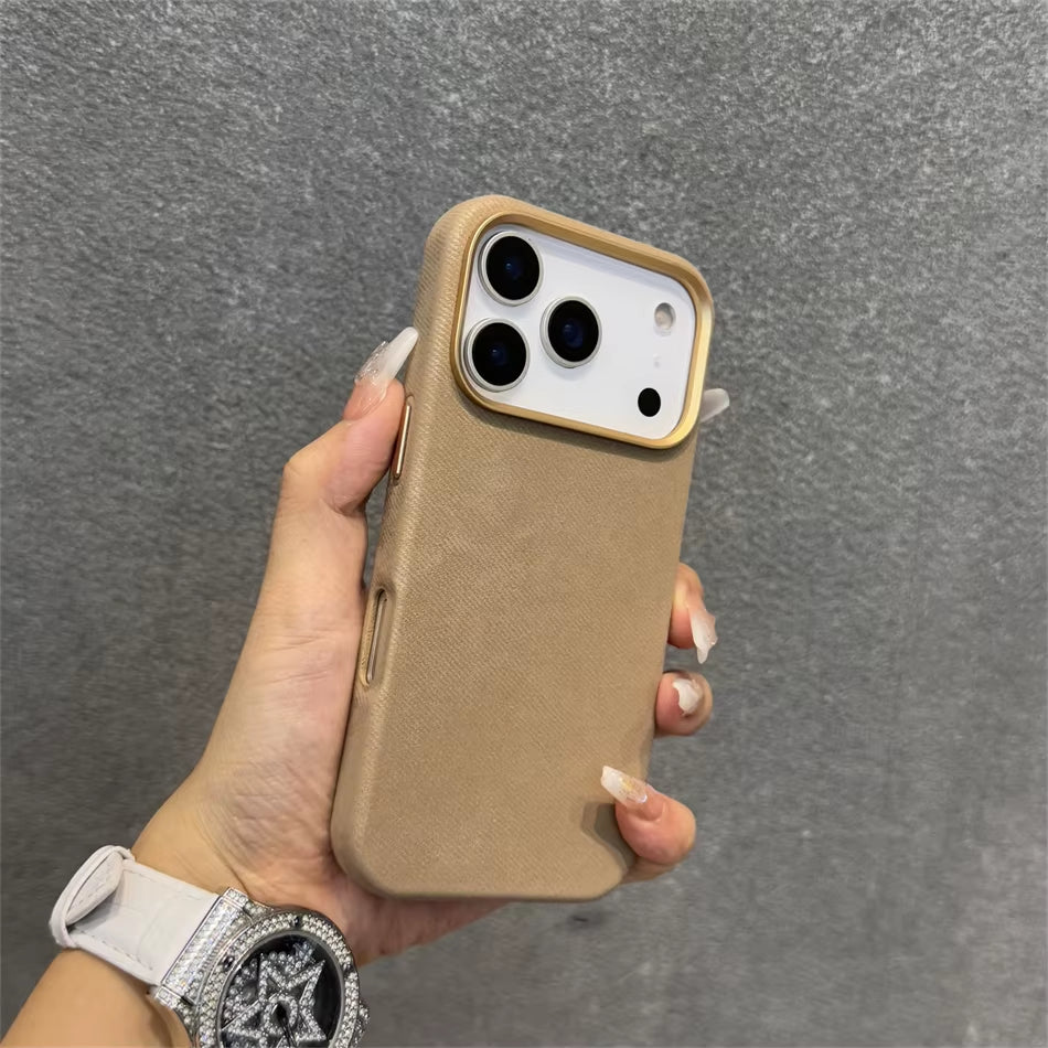 Luxury Alloy Len Frame Fiber Leather Magnetic Case for Iphone 17 16 Pro Max 15 for Magsafe Retro Shockproof Cover Funda