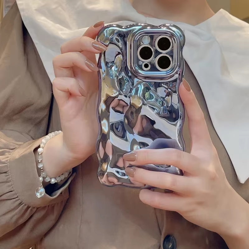 Luxury Plating Wrinkle Wavy Curly Edge Phone Case for Iphone 17 16 15 12 13 14 Pro Max 3D Unevenness Camera Protection Cover