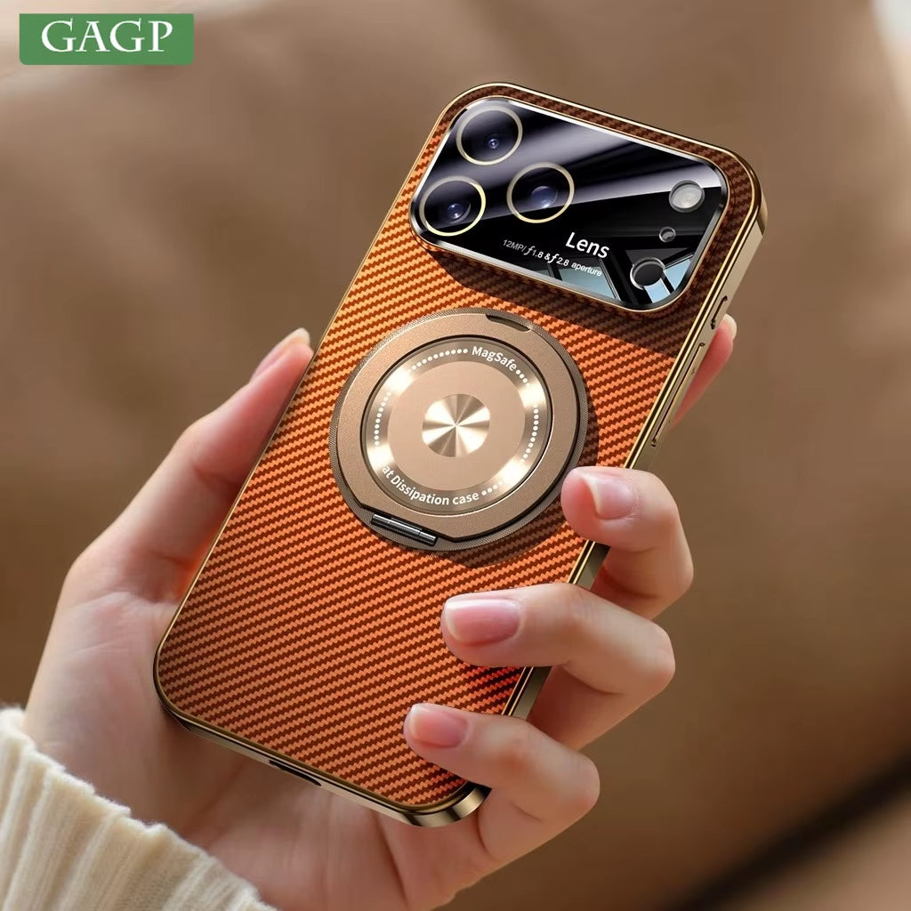 For Iphone 17 Pro Max Magsafe Case for Iphone 16 15 14 Pro Max 360 Rotate Magnetic Stand Holder Soft Carbon Fiber Magnetic Cover