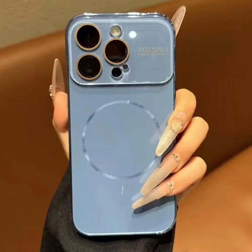 Luxury Large Window for Magsafe Case for Iphone 17 16 15 14 Pro Max Plating Magnectic Wireless Charging Glass Lens Protect Cover