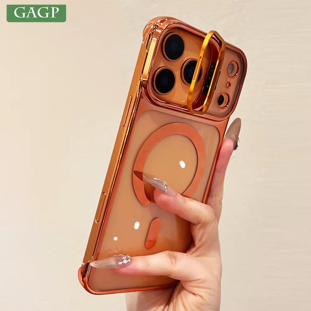 Clear Borderless Case for iPhone 17 Pro Max Air Mag safe Hold Lens Bracket Case for iPhone 14 15 16 Pro Max PC Plating Cover