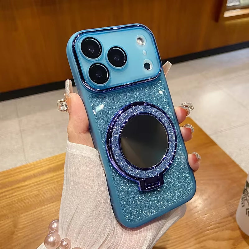 Fashion Glitter Magnetic Phone Case for Iphone 17 Pro Max Air 16 15 Mirror Bracket Dustproof Camera Lens Protect Cover