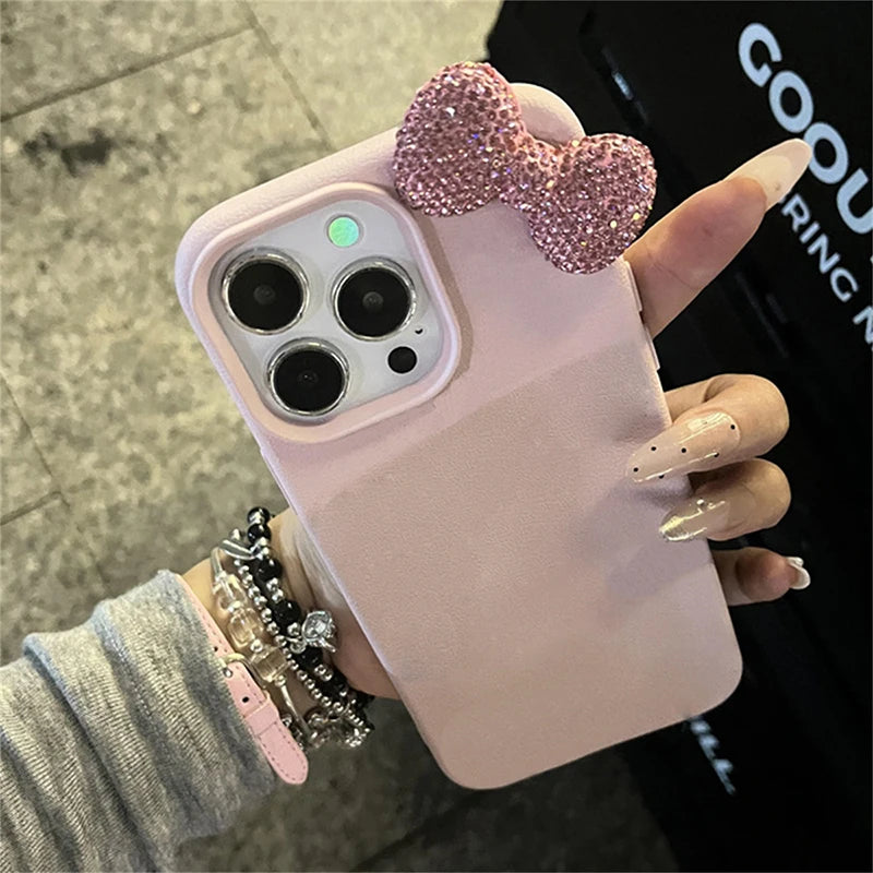 Luxury Rhinestone Bow Litchi Pattern Leather Shockproof Phone Case for Iphone 16 15 14 13 12 11 17 Pro Max X XS 7 plus Soft Case