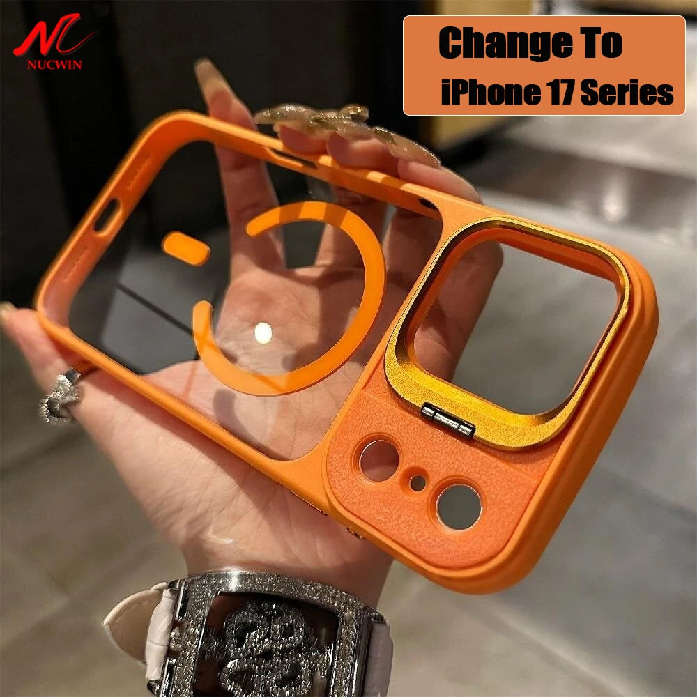 Business Transparent PC Magsafe Case for Iphone 17 Pro Max 17Pro 15 16 Promax Air Camera Bracket Wireless Charging Armor Cover