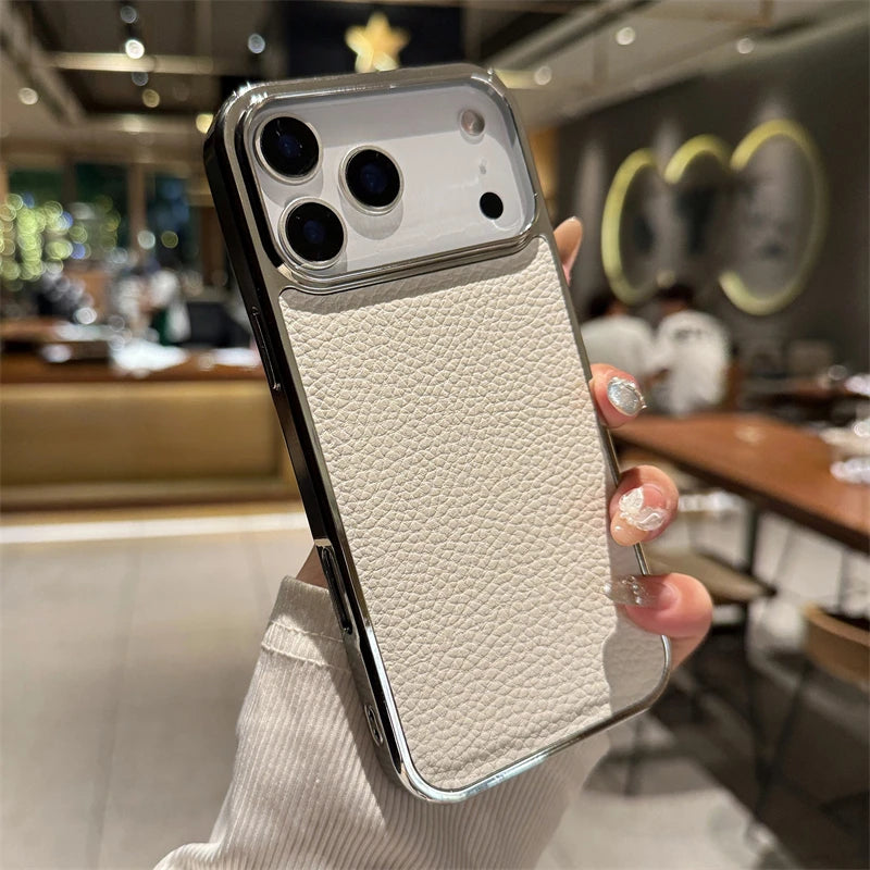 Luxury Plating Bumper Lychee Pattern Leather Texture Phone Case for Iphone 17 Air 16 15 14 plus 13 12 Pro Max 11 Shockpoof Cover
