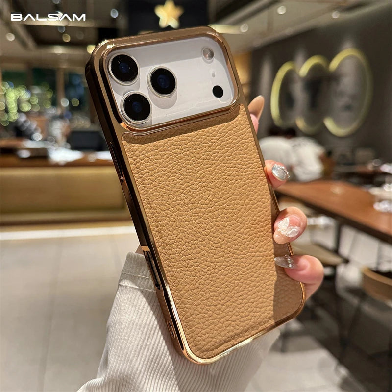 Luxury Plating Bumper Lychee Pattern Leather Texture Phone Case for Iphone 17 Air 16 15 14 plus 13 12 Pro Max 11 Shockpoof Cover