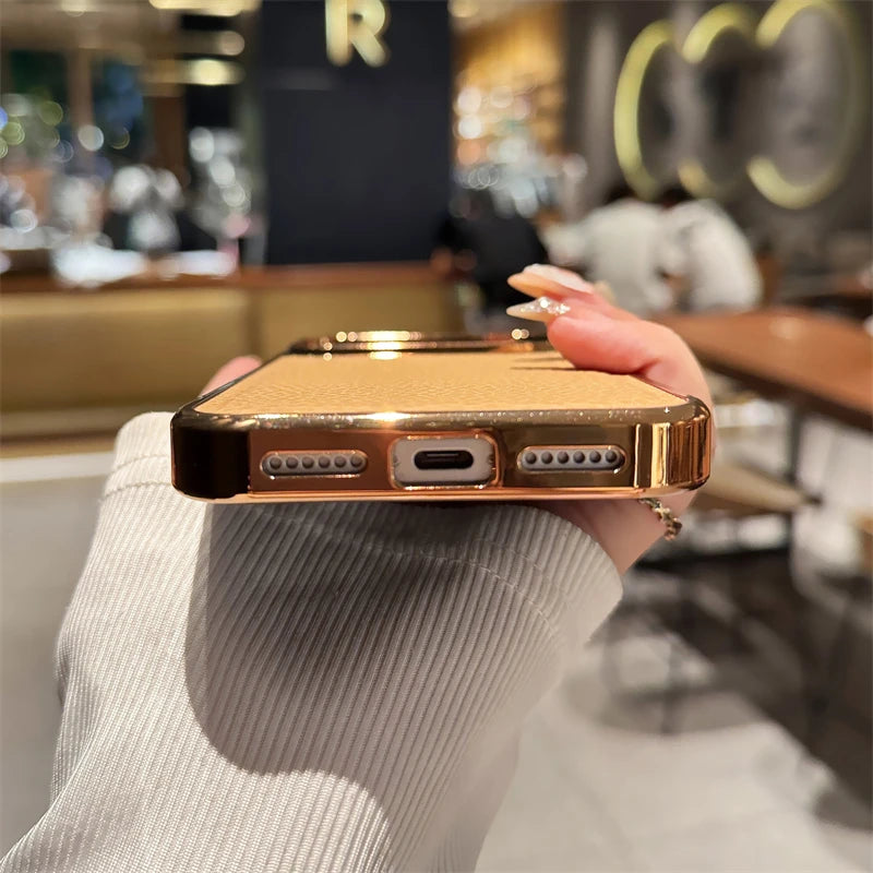 Luxury Plating Bumper Lychee Pattern Leather Texture Phone Case for Iphone 17 Air 16 15 14 plus 13 12 Pro Max 11 Shockpoof Cover