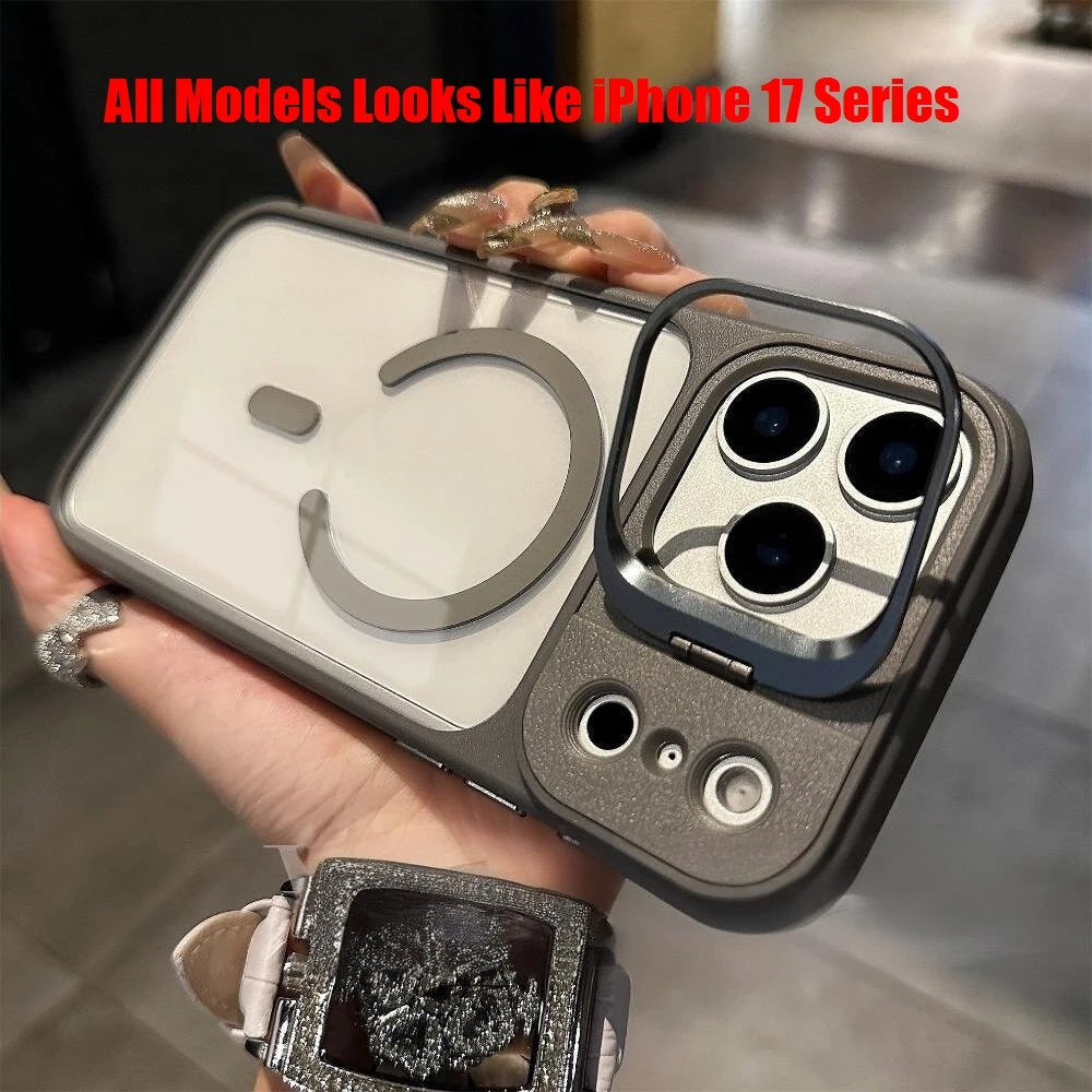 Business Transparent PC Magsafe Case for Iphone 17 Pro Max 17Pro 15 16 Promax Air Camera Bracket Wireless Charging Armor Cover