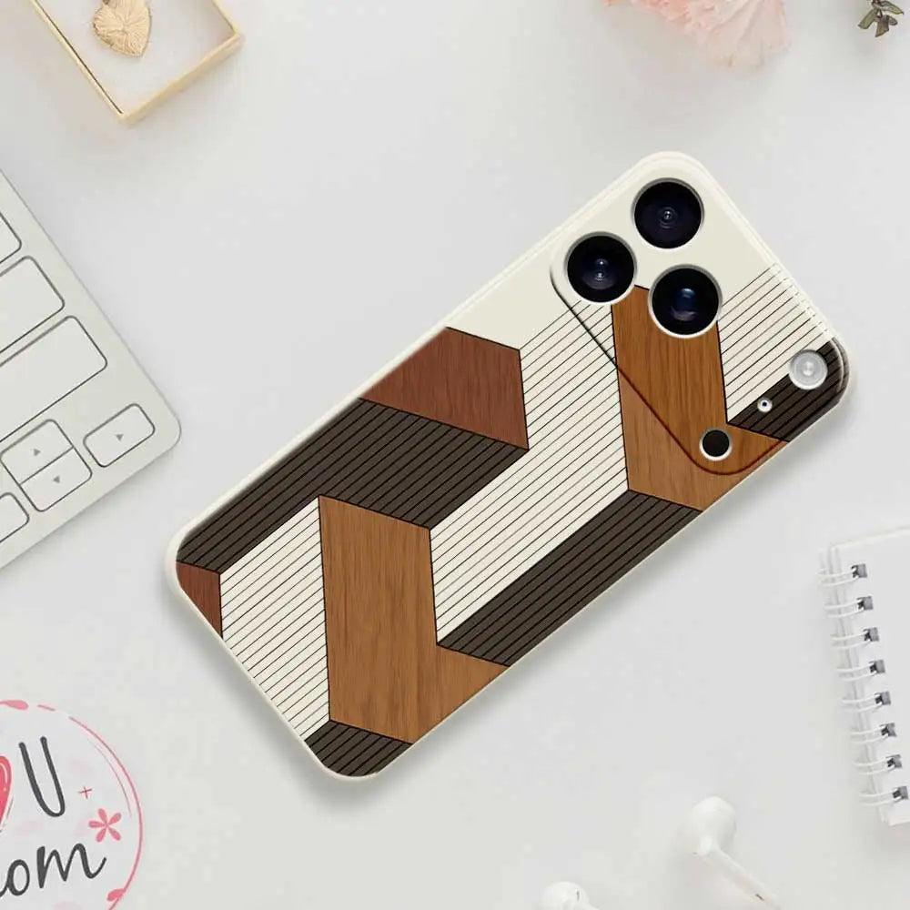 Geometric Style Wooden Phone Cases for Iphone 17 Pro Max 17 Air 16 15 Pro Max 6E Silicone Soft Cover